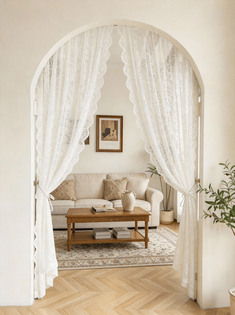 Cirelle No-Drill Partition Curtain Home Kitchen Bathroom Bedroom Windblocking Cover Cloth Insulation Door Curtain French Lace Stretchable Rod Window Curtain Living Room