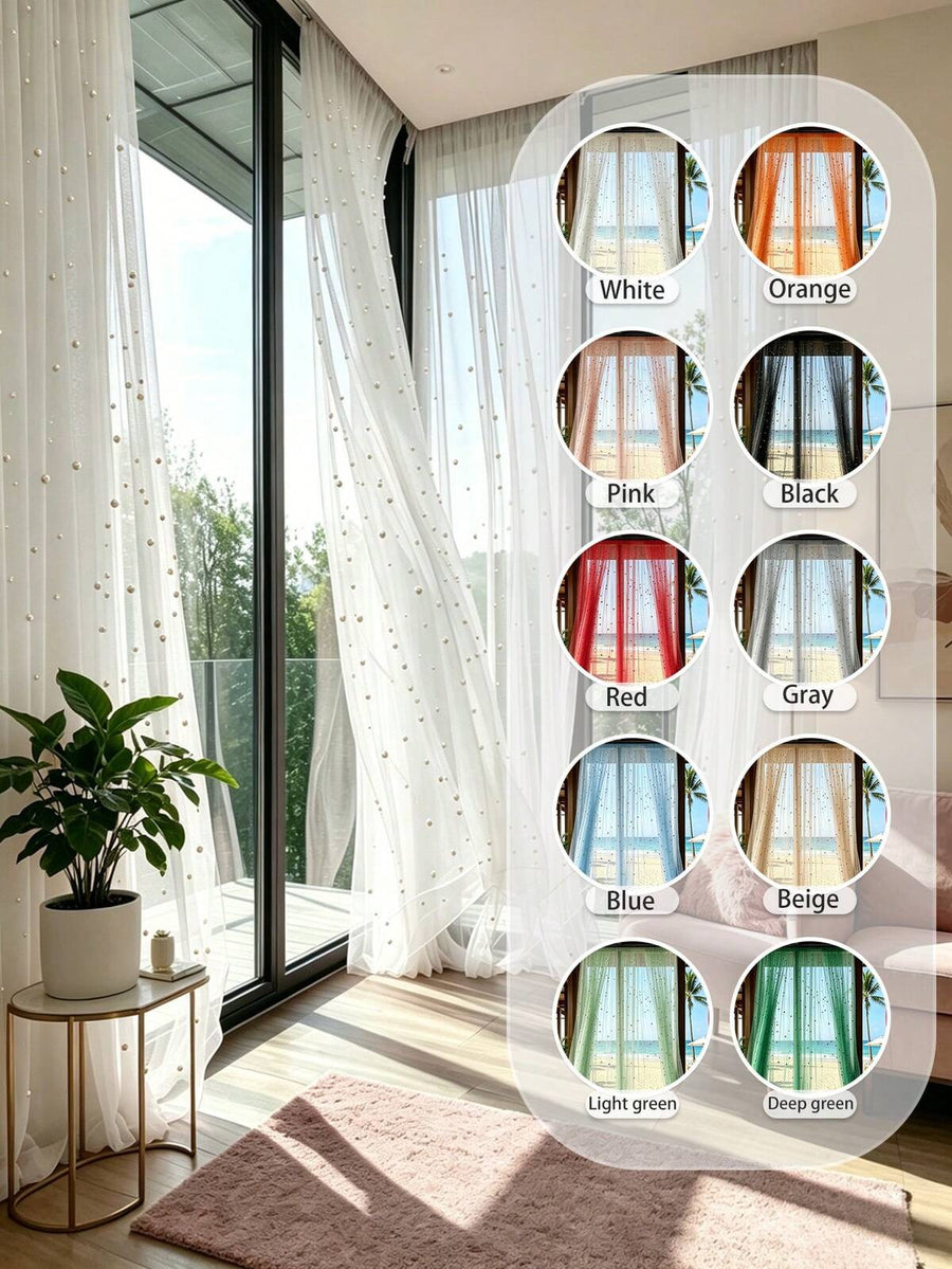 HOMPOOLL 1Pc White Pearl Beaded Sheer Curtains, Romantic Luxury Pearl Embellished Light Filtering Voile Window Drapes, Aesthetic Privacy Semi-Sheer Curtains For Bedroom Living Room Apartment Wedding Bridal Shower Party Backdrop Home Decor